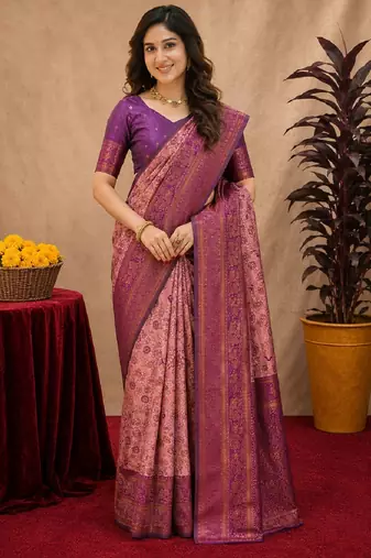 Light pink Art silk blend banarasi jacquard bird motif work saree with unstitched blouse piece