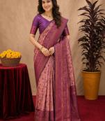 Light pink Art silk blend banarasi jacquard bird motif work saree with unstitched blouse piece