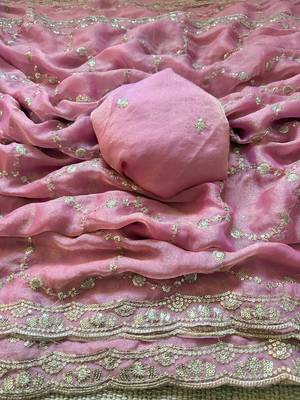 Baby pink multicolor sequece embroidery work nc moss saree with blouse 3