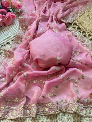 Baby pink multicolor sequece embroidery work nc moss saree with blouse 4