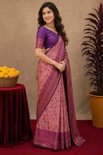 Light pink Art silk blend banarasi jacquard bird motif work saree with unstitched blouse piece