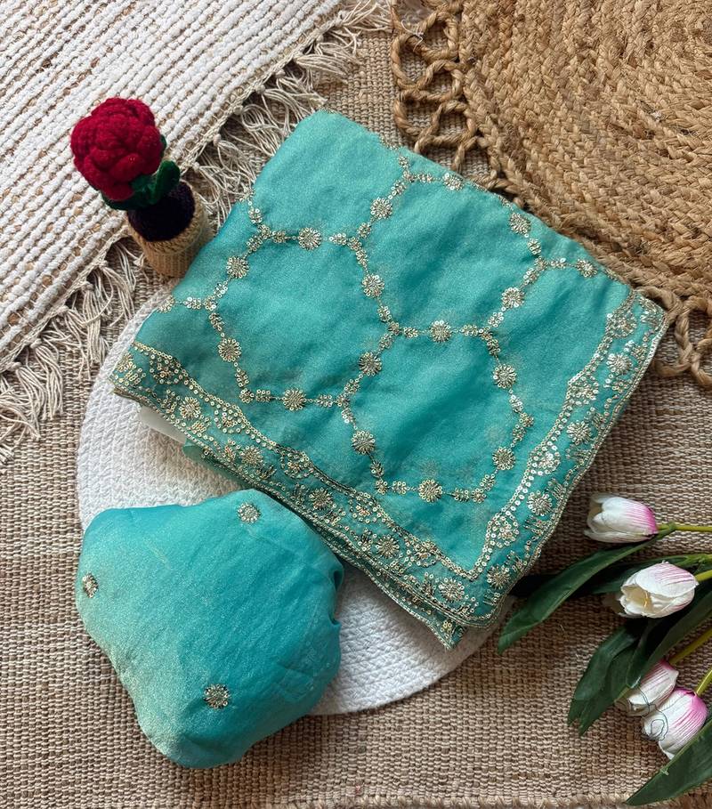 Firozi multicolor sequece embroidery work nc moss saree with blouse