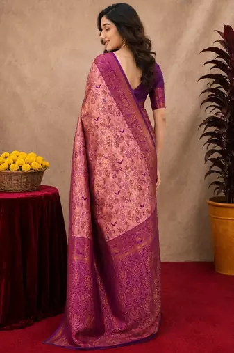 Light pink Art silk blend banarasi jacquard bird motif work saree with unstitched blouse piece
