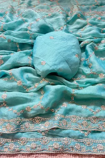 Firozi multicolor sequece embroidery work nc moss saree with blouse