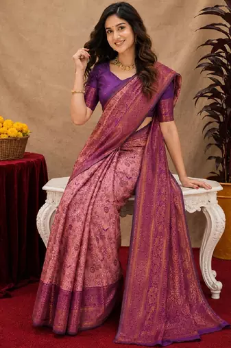 Light pink Art silk blend banarasi jacquard bird motif work saree with unstitched blouse piece