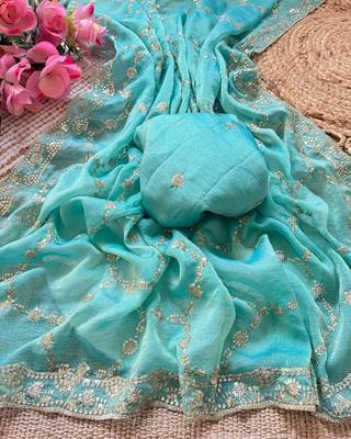 Firozi multicolor sequece embroidery work nc moss saree with blouse 3