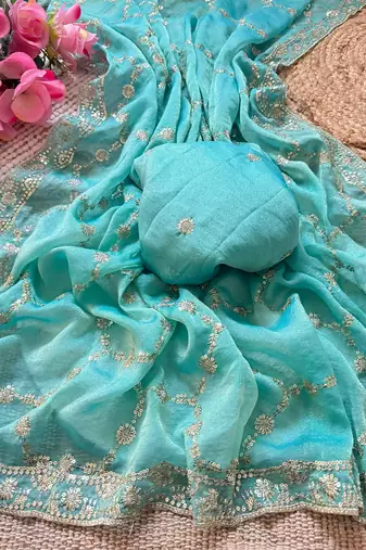 Firozi multicolor sequece embroidery work nc moss saree with blouse