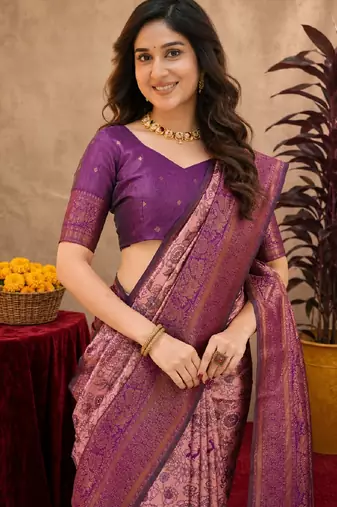 Light pink Art silk blend banarasi jacquard bird motif work saree with unstitched blouse piece