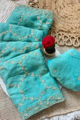 Firozi multicolor sequece embroidery work nc moss saree with blouse