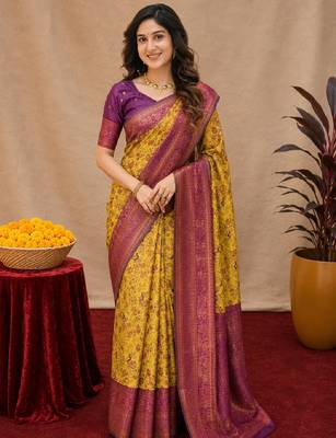 Mustard wine Art silk blend banarasi jacquard bird motif work saree with unstitched blouse piece 1