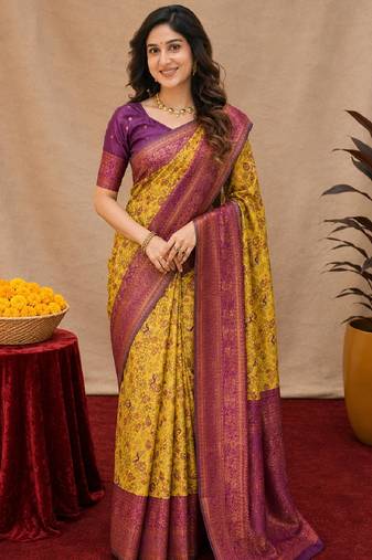 Mustard wine Art silk blend banarasi jacquard bird motif work saree with unstitched blouse piece