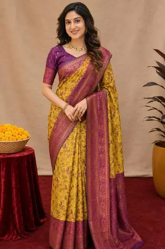 Mustard wine Art silk blend banarasi jacquard bird motif work saree with unstitched blouse piece