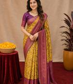 Mustard wine Art silk blend banarasi jacquard bird motif work saree with unstitched blouse piece