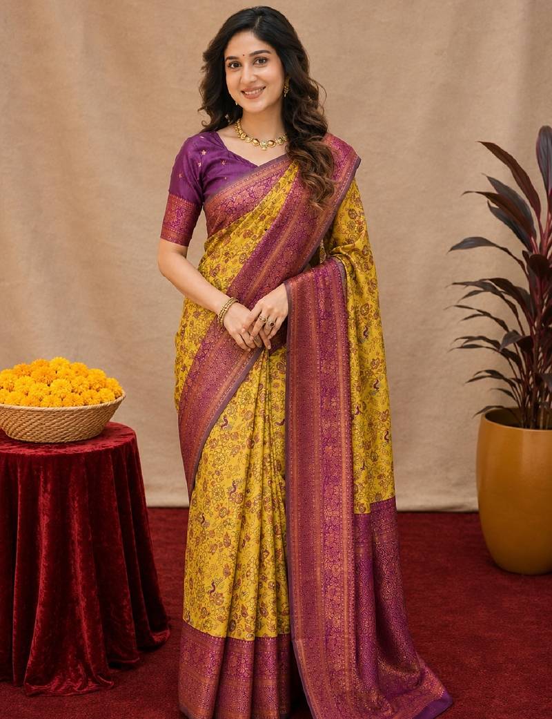 Mustard wine Art silk blend banarasi jacquard bird motif work saree with unstitched blouse piece