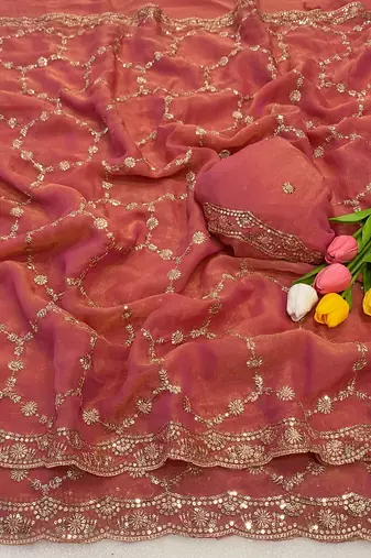 Gajari multicolor sequece embroidery work nc moss saree with blouse