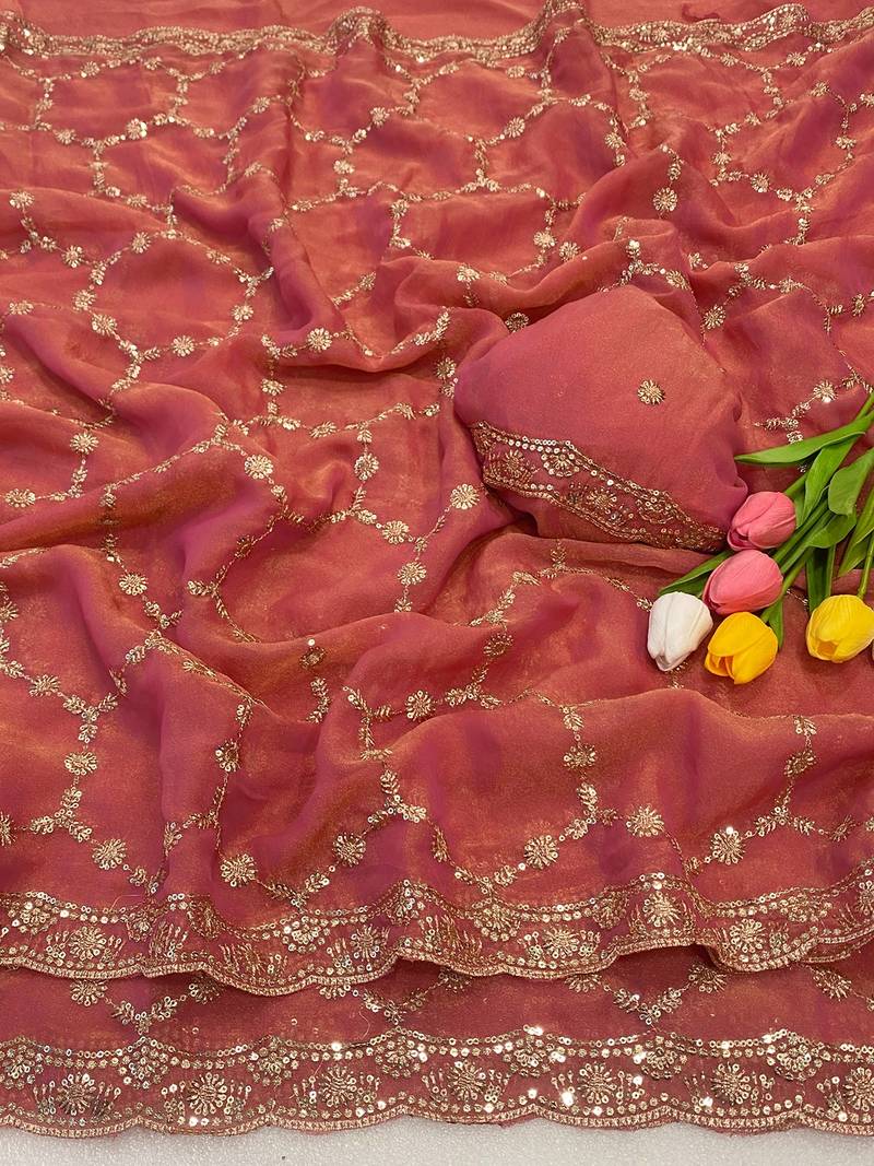 Gajari multicolor sequece embroidery work nc moss saree with blouse