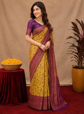 Mustard wine Art silk blend banarasi jacquard bird motif work saree with unstitched blouse piece 2