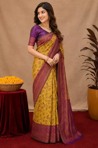 Mustard wine Art silk blend banarasi jacquard bird motif work saree with unstitched blouse piece