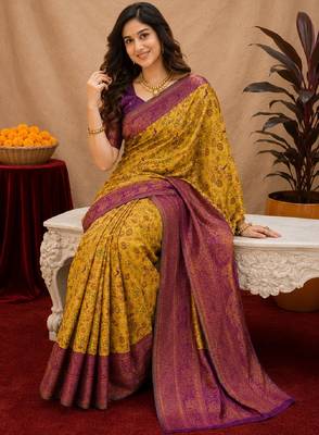 Mustard wine Art silk blend banarasi jacquard bird motif work saree with unstitched blouse piece 3