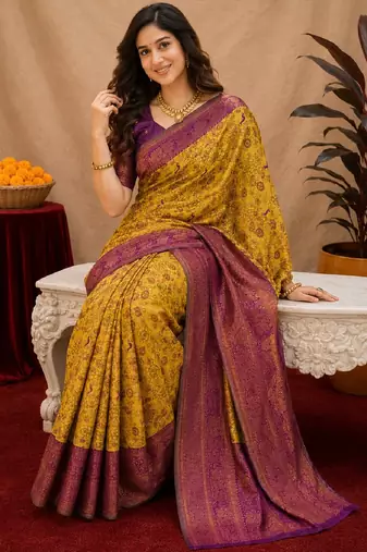 Mustard wine Art silk blend banarasi jacquard bird motif work saree with unstitched blouse piece