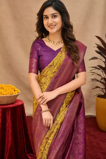 Mustard wine Art silk blend banarasi jacquard bird motif work saree with unstitched blouse piece