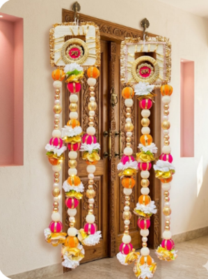 handmade shubh labh floral beads door hanging for home entrance decoration (pack of 2) 1