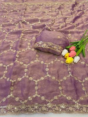 Levender multicolor sequece embroidery work nc moss saree with blouse 2