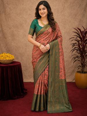 Peach green Art silk blend banarasi jacquard bird motif work saree with unstitched blouse piece 1