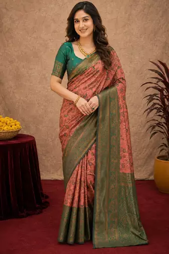Peach green Art silk blend banarasi jacquard bird motif work saree with unstitched blouse piece