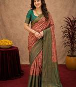 Peach green Art silk blend banarasi jacquard bird motif work saree with unstitched blouse piece