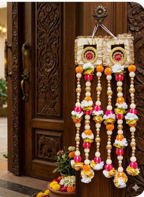 handmade shubh labh floral beads door hanging for home entrance decoration (pack of 2) 2