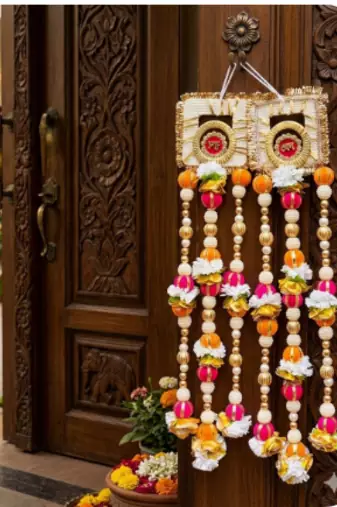 handmade shubh labh floral beads door hanging for home entrance decoration (pack of 2)