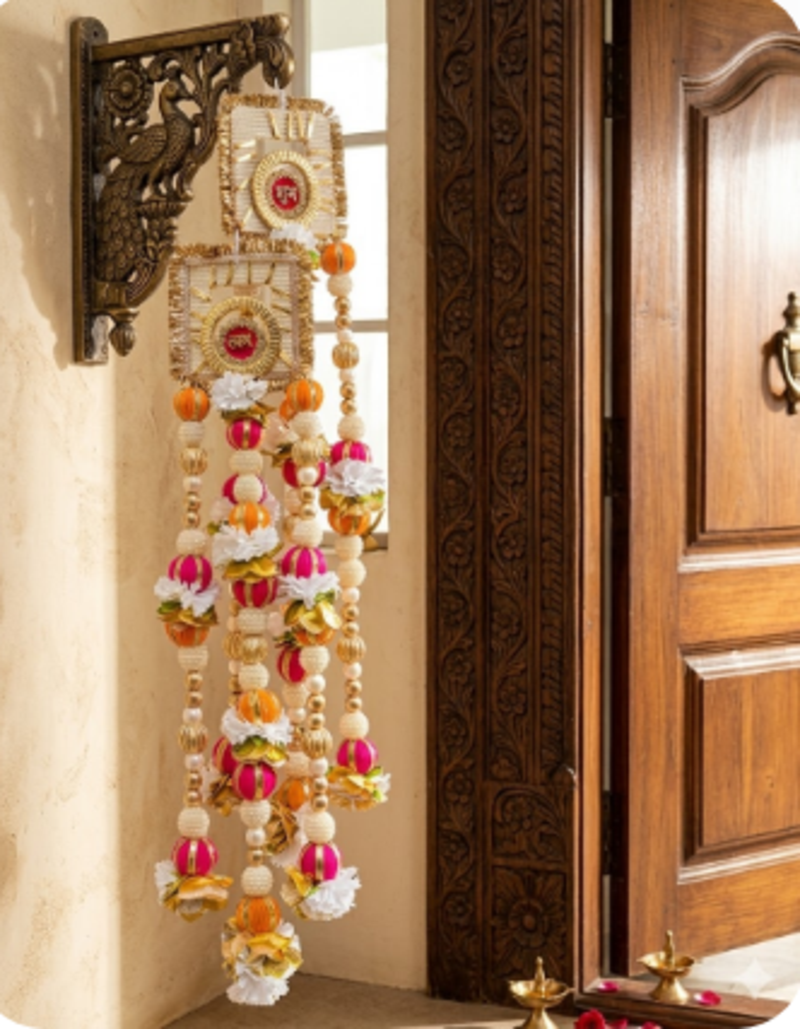 handmade shubh labh floral beads door hanging for home entrance decoration (pack of 2)