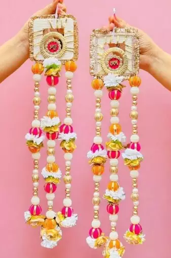 handmade shubh labh floral beads door hanging for home entrance decoration (pack of 2)
