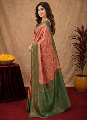 Peach green Art silk blend banarasi jacquard bird motif work saree with unstitched blouse piece 2