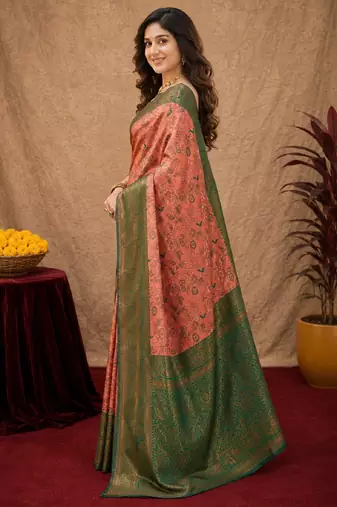 Peach green Art silk blend banarasi jacquard bird motif work saree with unstitched blouse piece