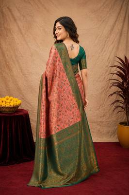 Peach green Art silk blend banarasi jacquard bird motif work saree with unstitched blouse piece 3