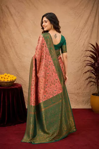 Peach green Art silk blend banarasi jacquard bird motif work saree with unstitched blouse piece
