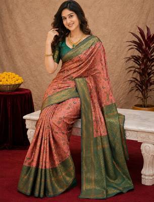 Peach green Art silk blend banarasi jacquard bird motif work saree with unstitched blouse piece 4