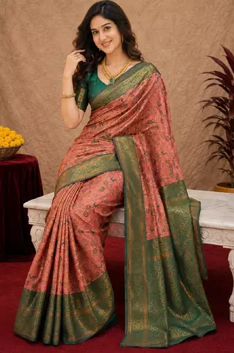 Peach green Art silk blend banarasi jacquard bird motif work saree with unstitched blouse piece