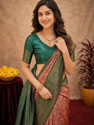 Peach green Art silk blend banarasi jacquard bird motif work saree with unstitched blouse piece 5