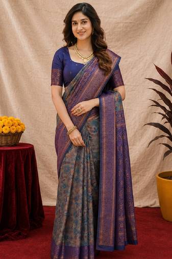 Turquoise blue Art silk blend banarasi jacquard bird motif work saree with unstitched blouse piece