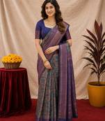 Turquoise blue Art silk blend banarasi jacquard bird motif work saree with unstitched blouse piece