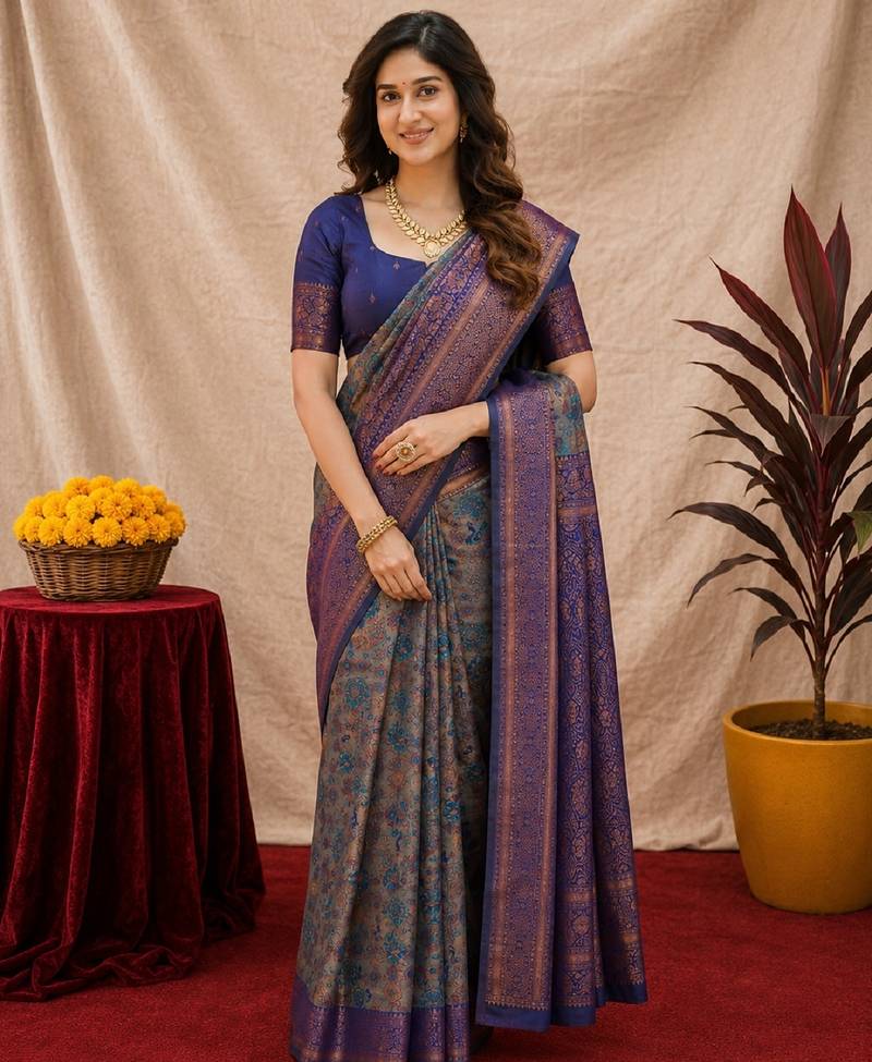 Turquoise blue Art silk blend banarasi jacquard bird motif work saree with unstitched blouse piece