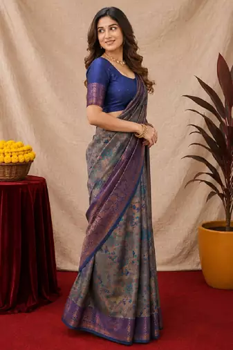 Turquoise blue Art silk blend banarasi jacquard bird motif work saree with unstitched blouse piece