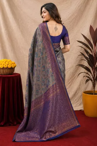Turquoise blue Art silk blend banarasi jacquard bird motif work saree with unstitched blouse piece