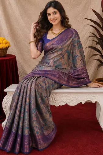 Turquoise blue Art silk blend banarasi jacquard bird motif work saree with unstitched blouse piece