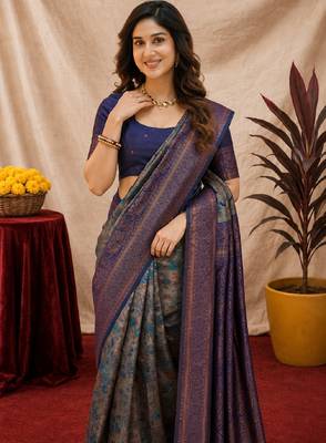 Turquoise blue Art silk blend banarasi jacquard bird motif work saree with unstitched blouse piece 5