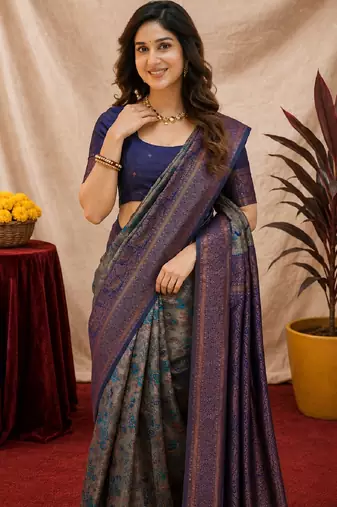 Turquoise blue Art silk blend banarasi jacquard bird motif work saree with unstitched blouse piece