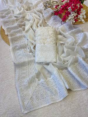 White zari embroidery work rangoli saree with blouse 1